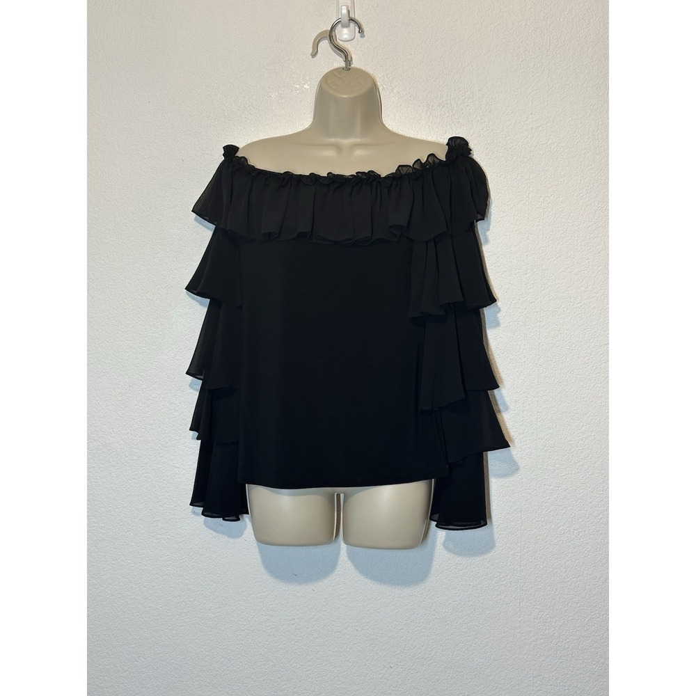 Joseph Ribkoff Women 10 Blouse Black Tiered Sleeves Ruffle Off The Shoulder